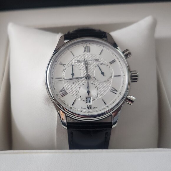 Frederique Constant Geneve Men's Luxury Watch Sterling Silver Blk Leather